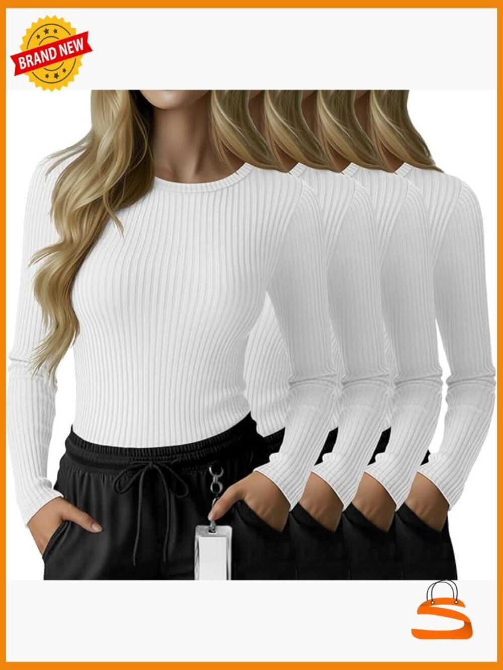 4 Pack Long Sleeve Ribbed Crewneck Underscrub Shirts for Nurses Slim Fit